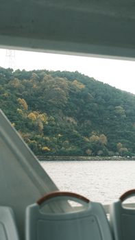 Serene view of a lush green hillside from a riverboat under an overcast sky.