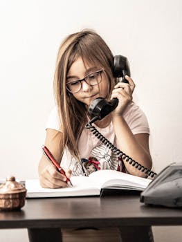 A young girl wearing glasses, using a vintage phone, writes notes diligently in a notebook.