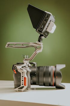 Side view of a professional DSLR camera with an attached external monitor on a green background