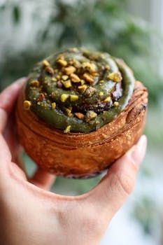 Close-up of a pistachio-topped puff pastry held by a hand, highlighting the rich textures.