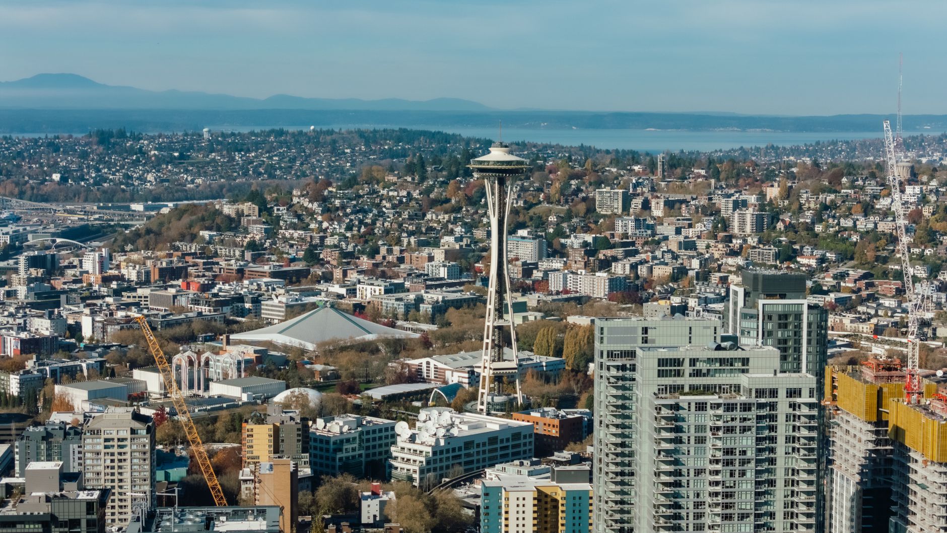Aerial view of Seattle's skyline featuring the iconic Space Needle.