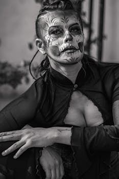 Elegant black and white portrait of a Catrina in traditional makeup, capturing Mexican cultural essence.