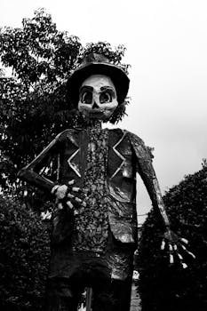 A dramatic black and white photo of a skeleton decoration for Día de Muertos in Metlaltoyuca, Mexico.