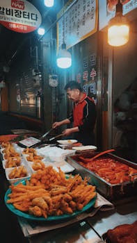 A vibrant night market scene in Gyeongju, South Korea showcasing a vendor preparing delicious street food.