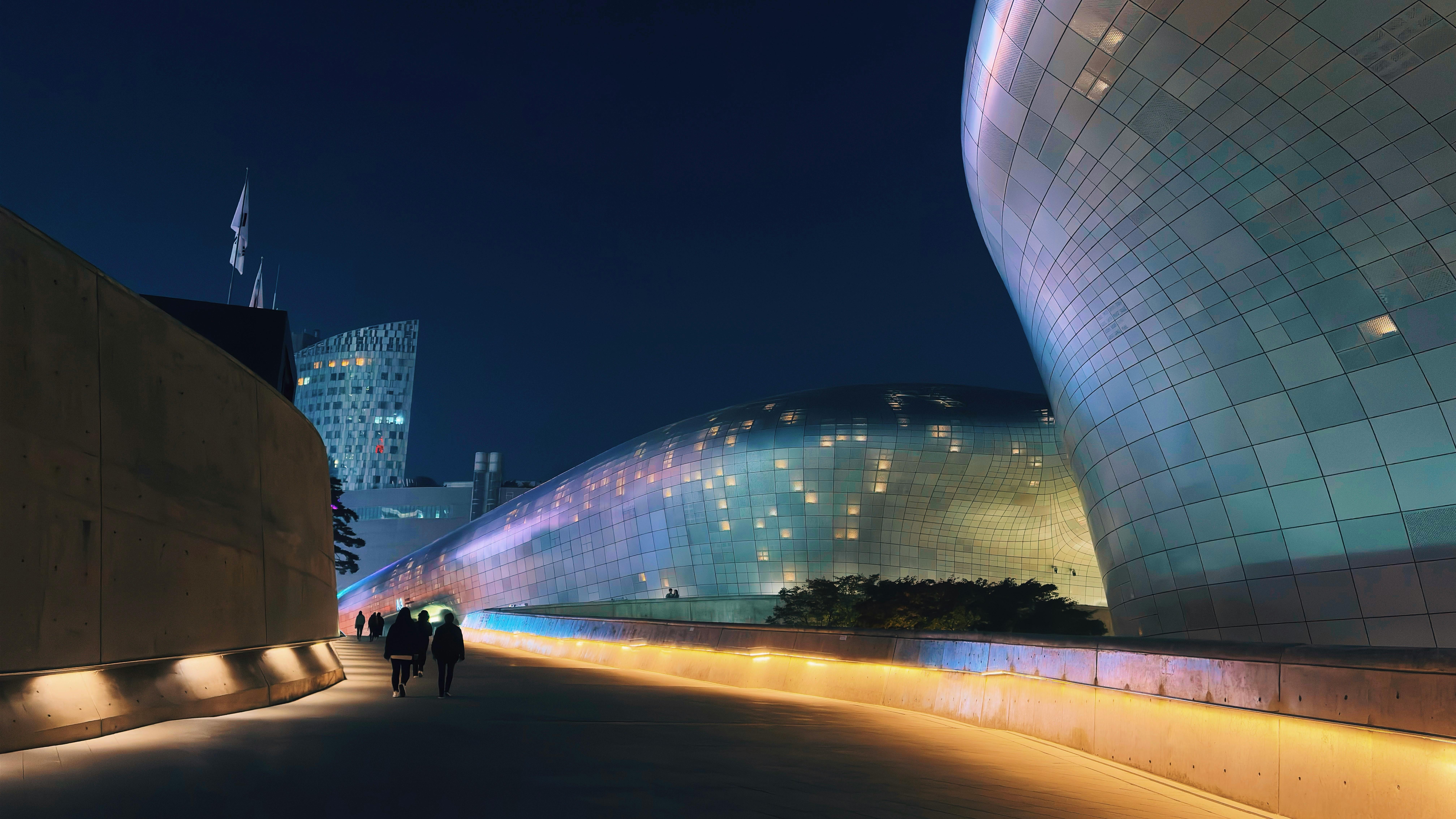 LED rose installation lit along the eastern edge of the Dongdaemun Design Plaza