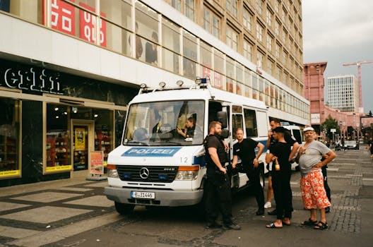 在城市街道上，一群人正在一辆警车附近互动，这一场景被拍摄下来