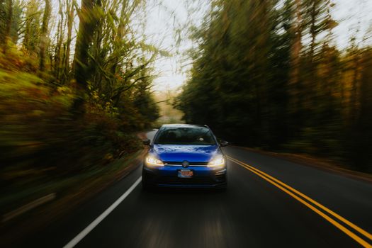 Motion blur shot of a blue car speeding down a forest road, surrounded by vibrant greenery.