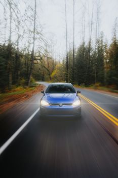 Blue car speeding along a winding forest road surrounded by trees.