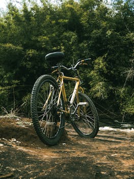 Yellow mountain bike on a dirt trail surrounded by lush green forest.
