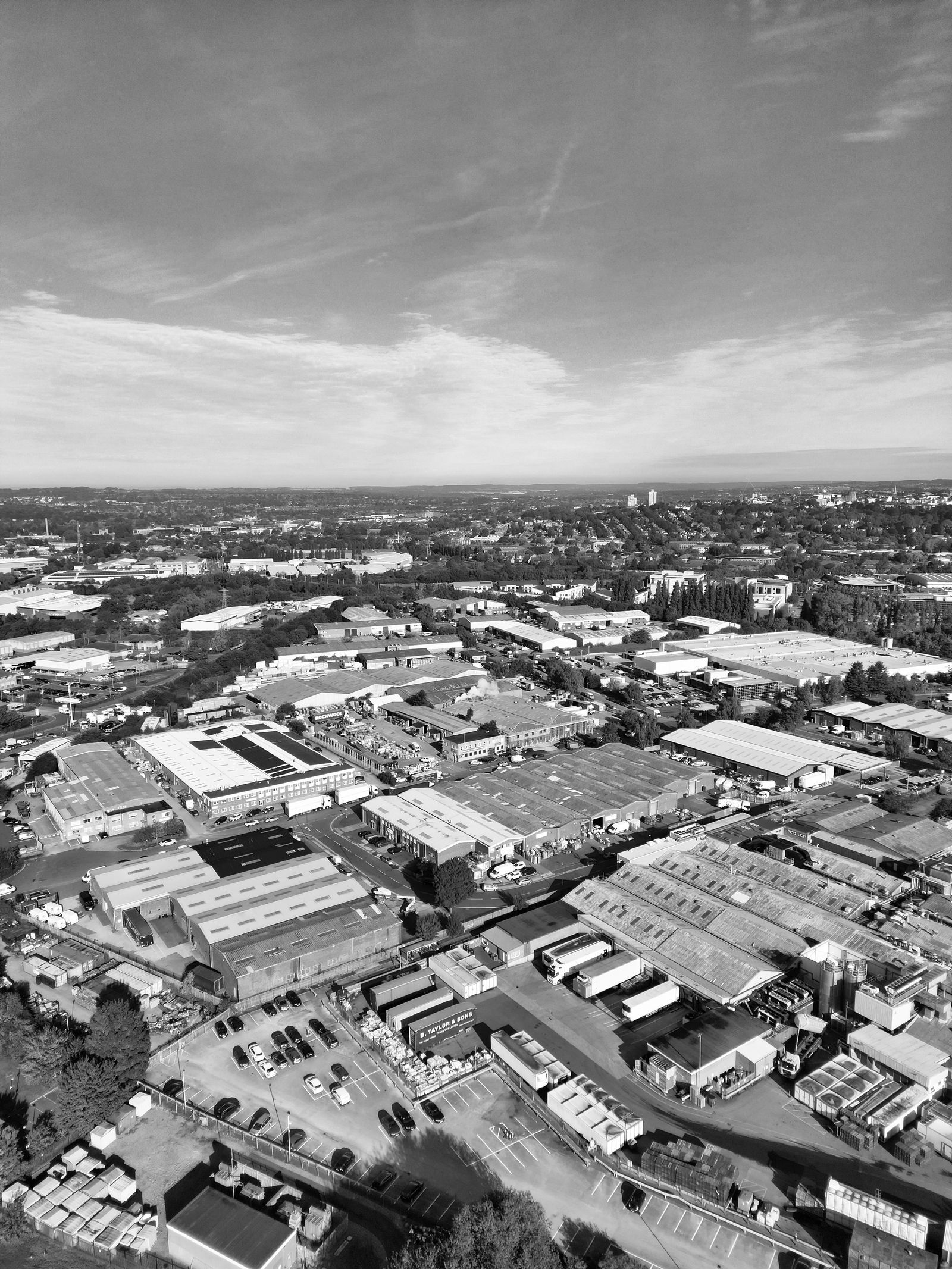 Black and white aerial of industrial units on the edge of Nottingham