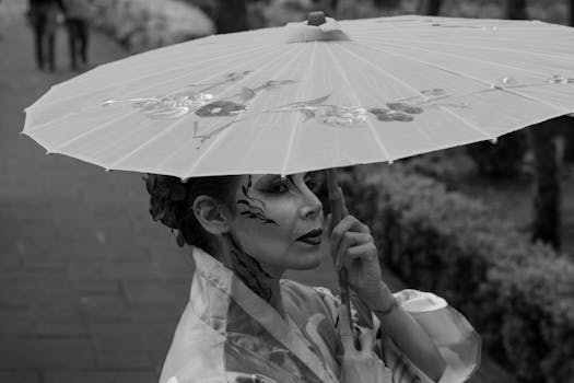 Black and white portrait of a woman in kimono with ornate parasol, exuding an elegant and mysterious aura.