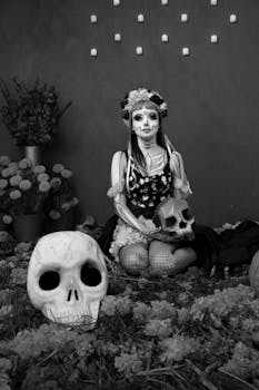 Woman in skull makeup for Dia de los Muertos surrounded by flowers and candles.