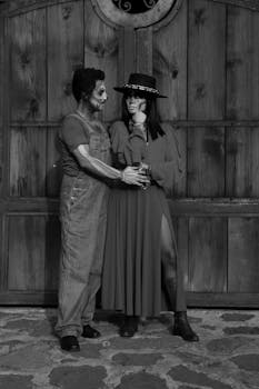 Black and white photo of a couple in Halloween-themed makeup posing in front of a rustic wooden door.