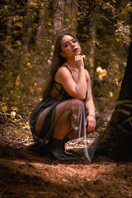 Free A woman in a sheer dress sits gracefully in a mystical forest setting. Stock Photo