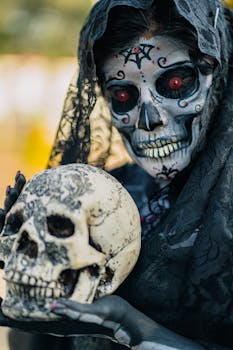 A detailed Catrina makeup for Day of the Dead with a skull in Mexico City.