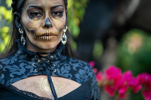 Captivating Day of the Dead Catrina with elaborate makeup and headdress in Mexico City.