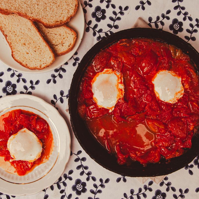 Shakshuka-Style Chili with Eggs and Feta
