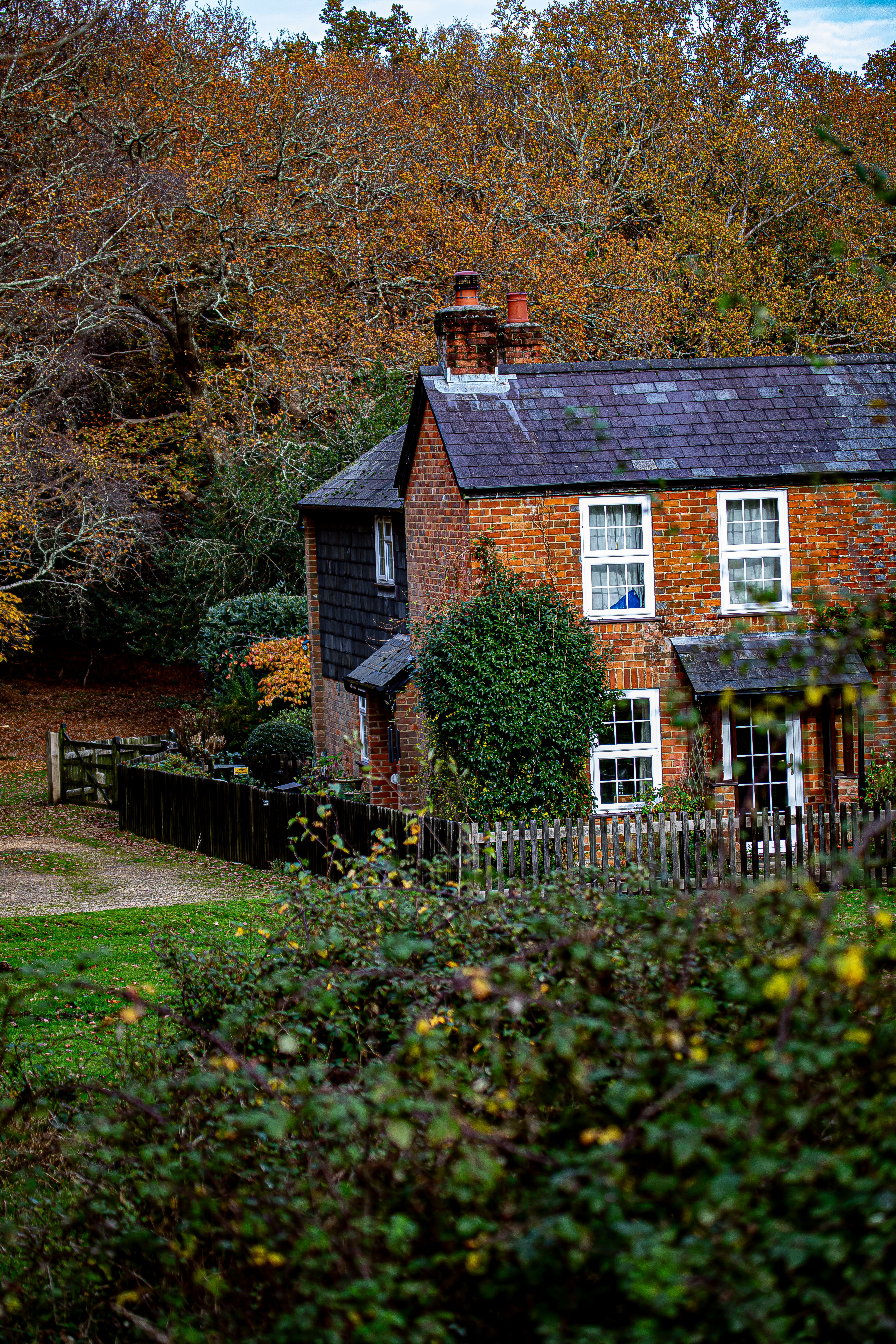 Queen Charlotte's Cottage at Kew, a thatched rustic retreat set in a bluebell wood in the Royal Botanic Gardens