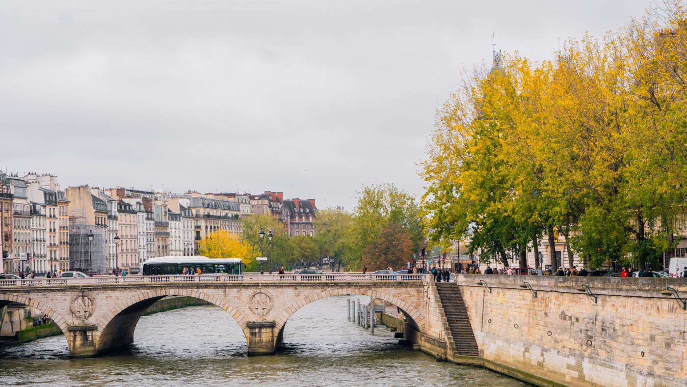 A stone bridge over the Seine in Paris framed by autumn trees