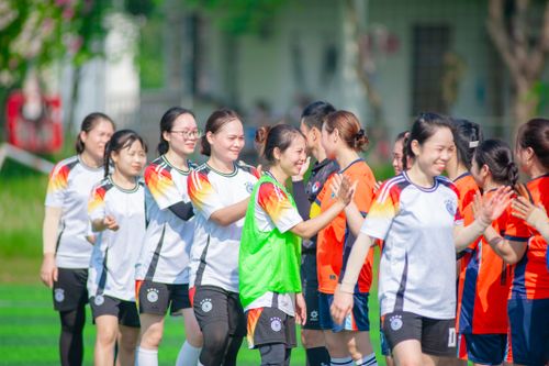 Free Female soccer teams showing sportsmanship with handshakes in Hanoi. Stock Photo