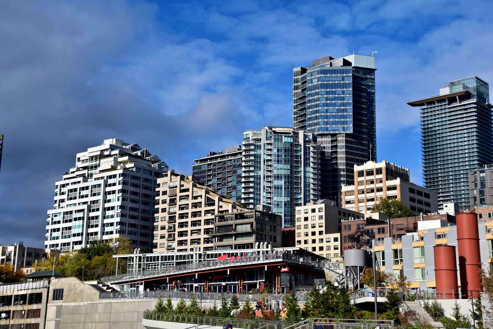 Bellevue skyline of condos and offices above a city street