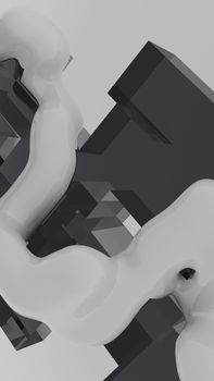 Abstract 3D artwork with geometric shapes and fluid forms in grayscale.