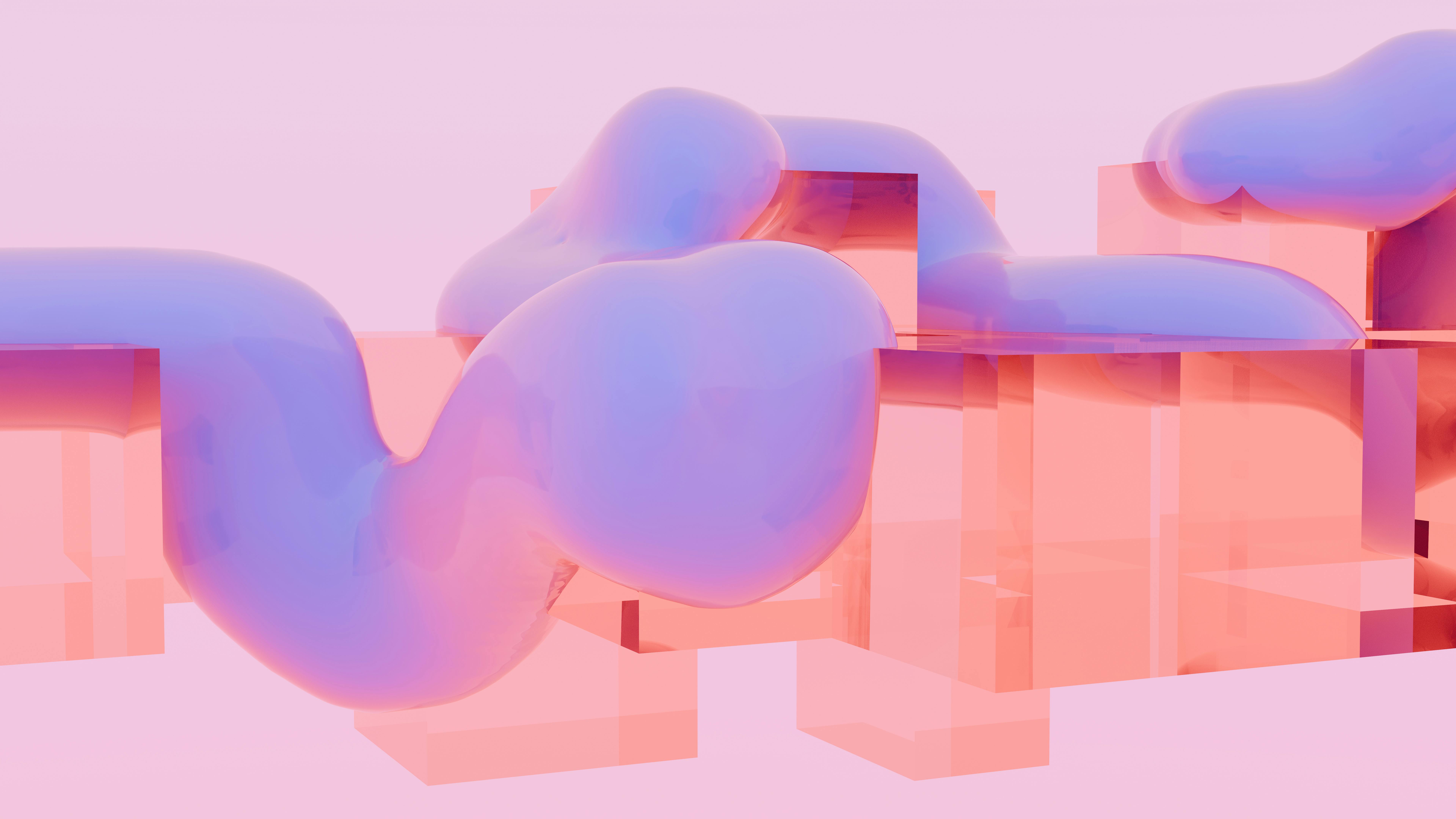Free Futuristic 3D render with pink and purple clouds over abstract structures. Stock Photo