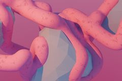 A 3D render featuring pink organic shapes intertwined with geometric forms against a pastel background.