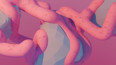 A 3D render featuring pink organic shapes intertwined with geometric forms against a pastel background.