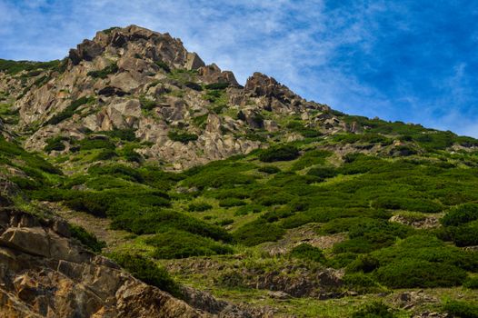 A lush green and rocky mountain slope under a clear blue sky, perfect for nature and travel themes.