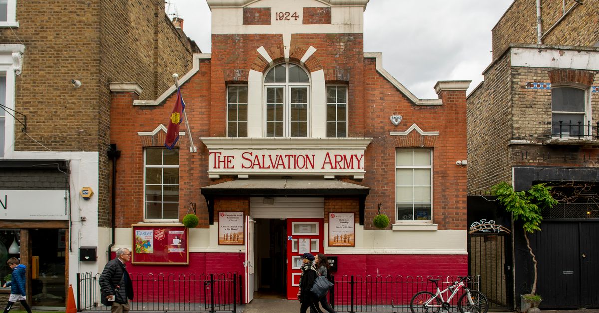The Salvation Army building, London, front view with pedestrians and urban street scene.