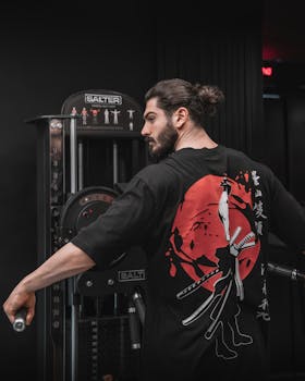 A man working out on a weight machine in a gym, wearing a graphic tee.