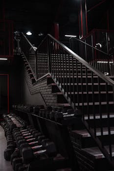 A sleek, industrial-style gym interior featuring a staircase and stacked dumbbells.