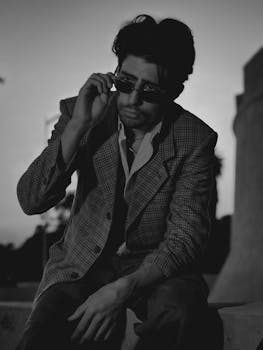 A man in a suit adjusts sunglasses, creating a moody atmosphere.