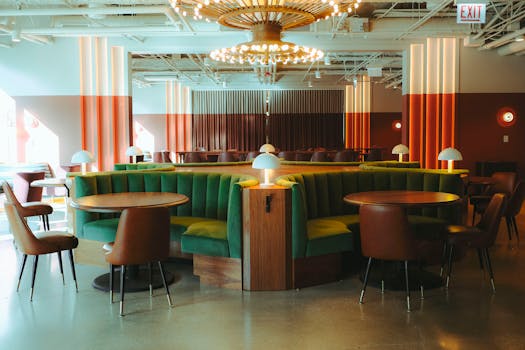 Stylish restaurant interior featuring round booths and modern lighting