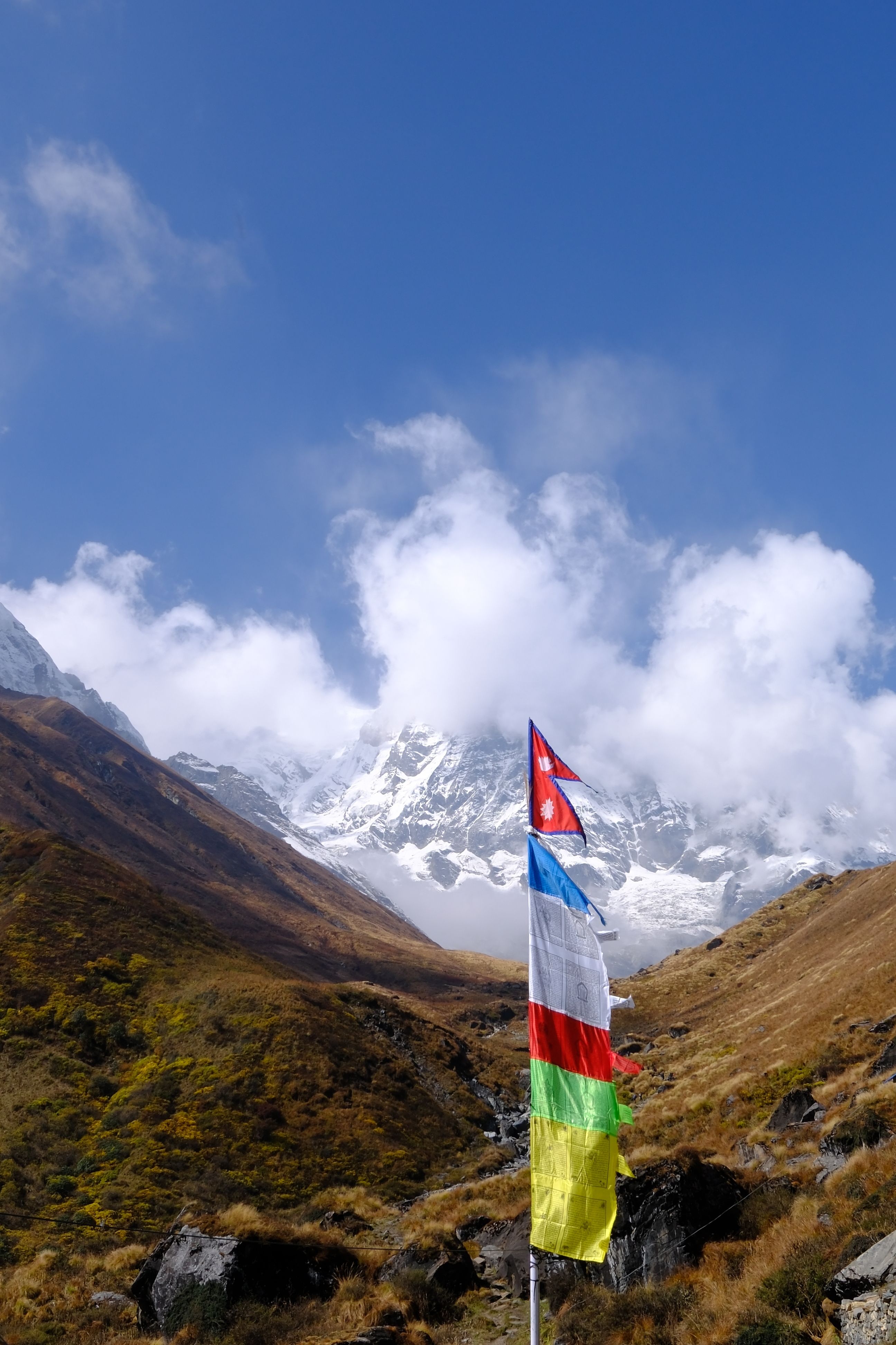 Nepal's flag and a tall prayer-flag column against snow peaks
