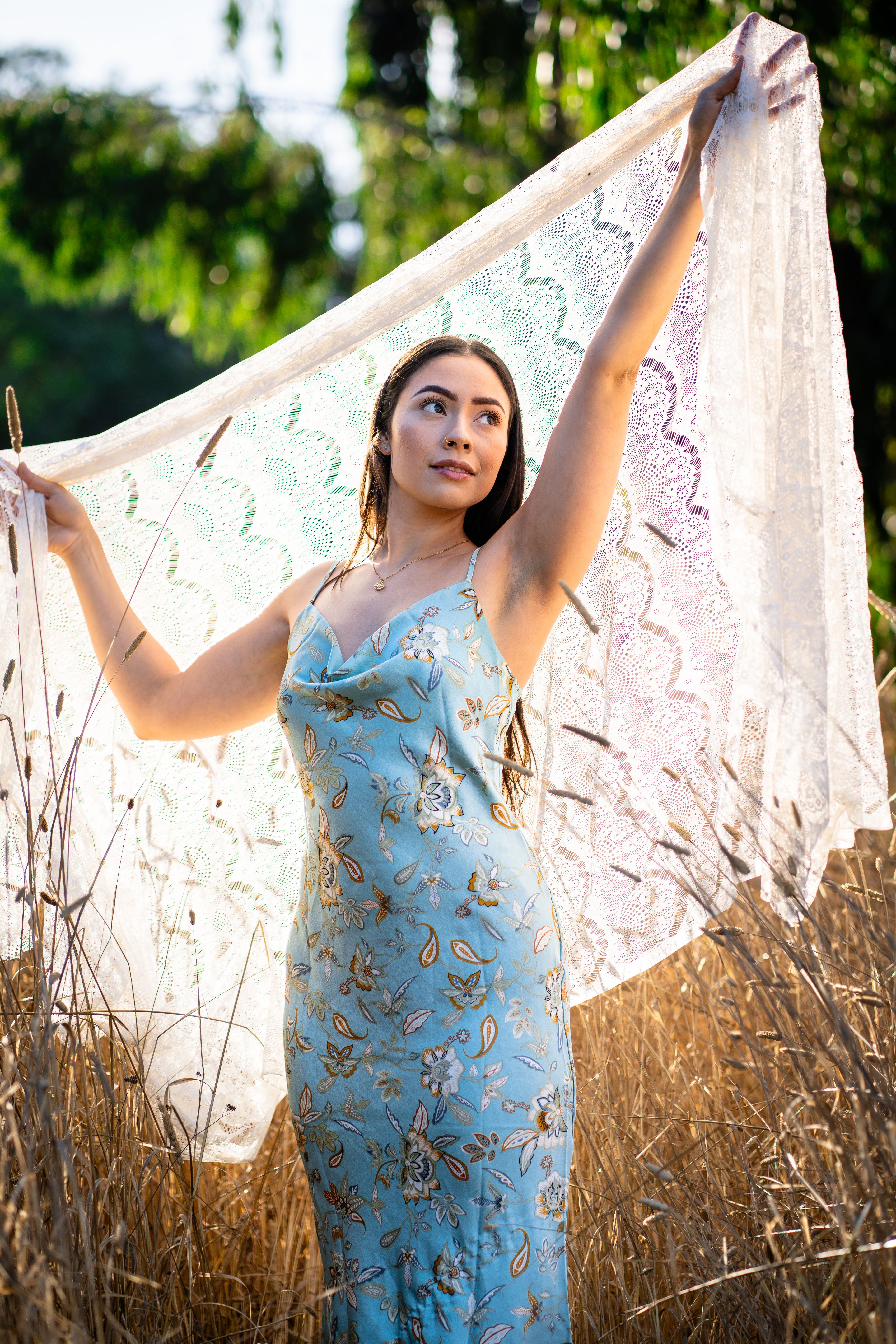 Elegant Woman in Field with Lace Scarf at Sunset  Free Stock Photo
