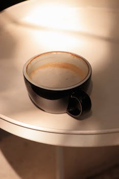 Stylish black coffee cup on a sunlit table in an outdoor cafe, inviting and serene.