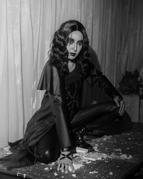 A striking black-and-white portrait of a gothic-style cosplay performer with white makeup and leather attire.