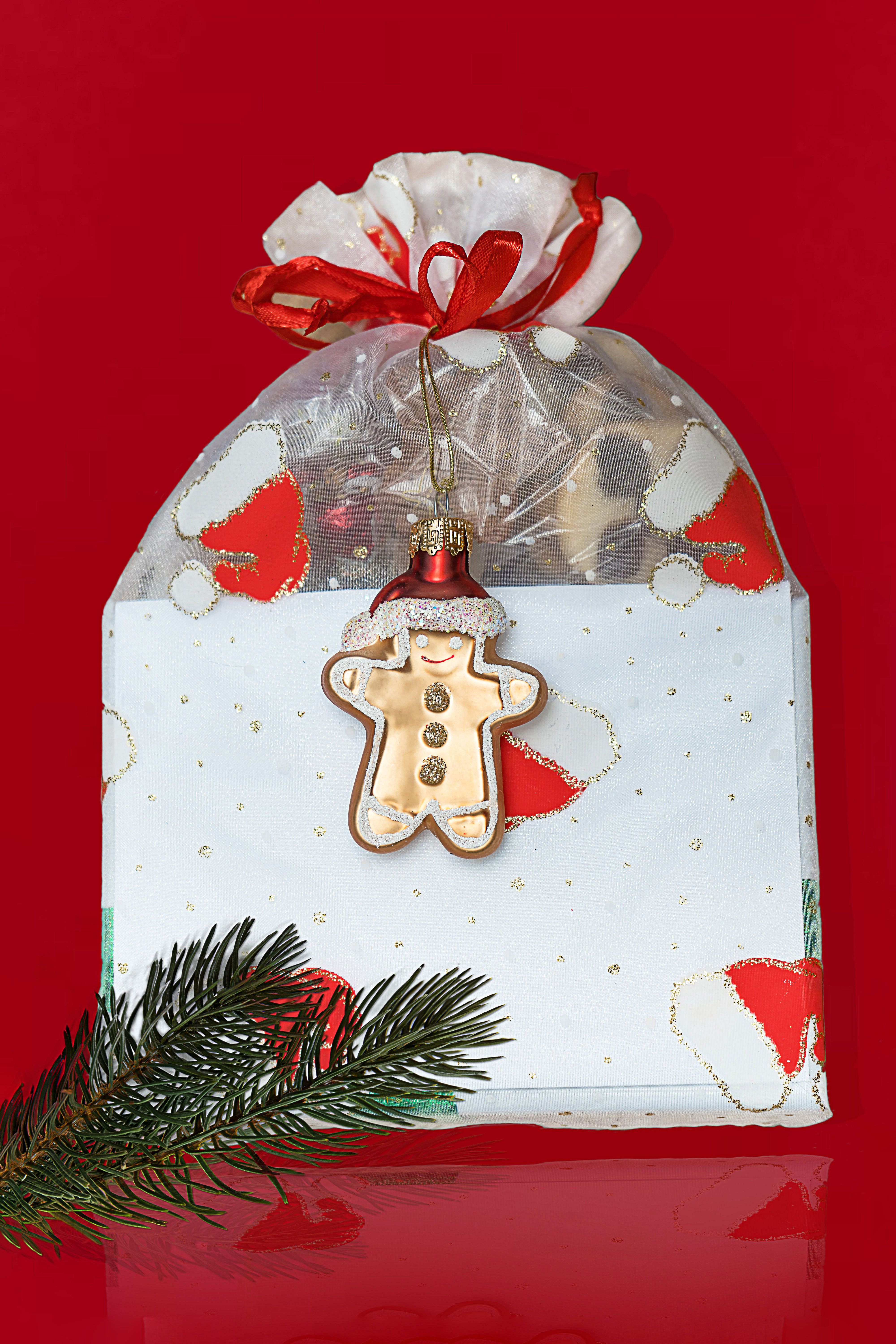 A festive Christmas gift bag with gingerbread ornament and pine branch on a red background