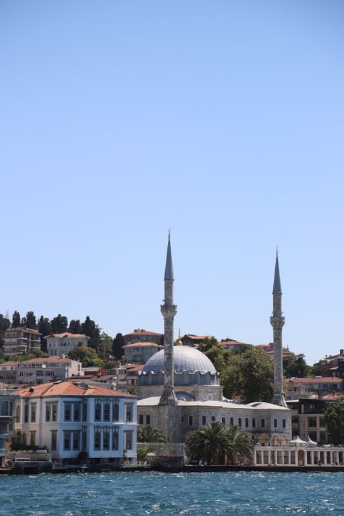 Free A beautiful mosque with minarets overlooking the Bosphorus in Istanbul, Turkey. Stock Photo