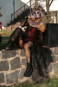 Elegant Catrina costume with artistic makeup and floral headdress in Mexico City park.