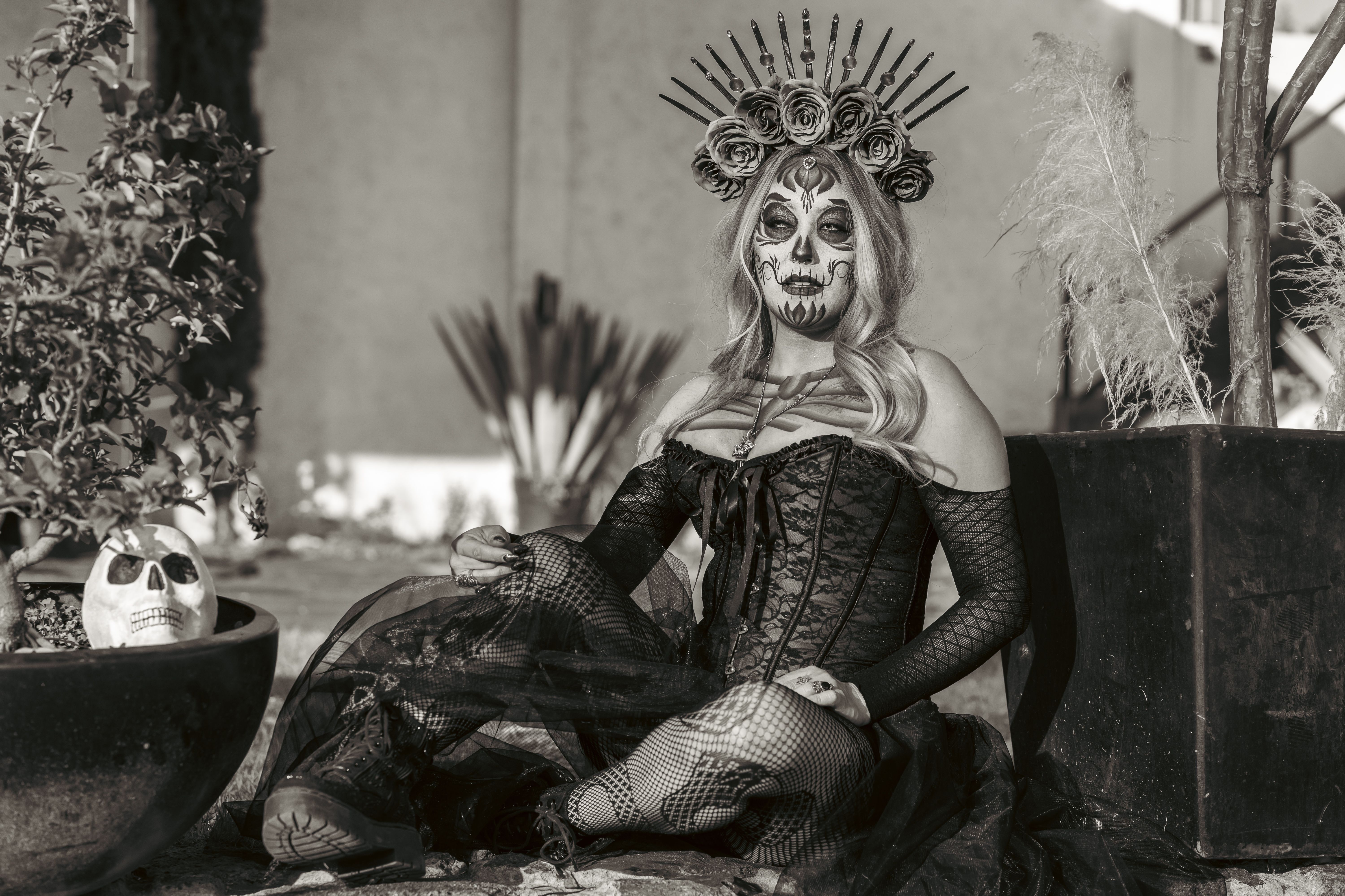 Elegant Catrina Costume with Floral Headdress · Free Stock Photo