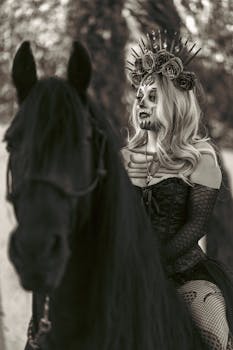 Elegant Catrina makeup and costume on horseback. Perfect for Halloween or Dia de los Muertos celebrations in Mexico.