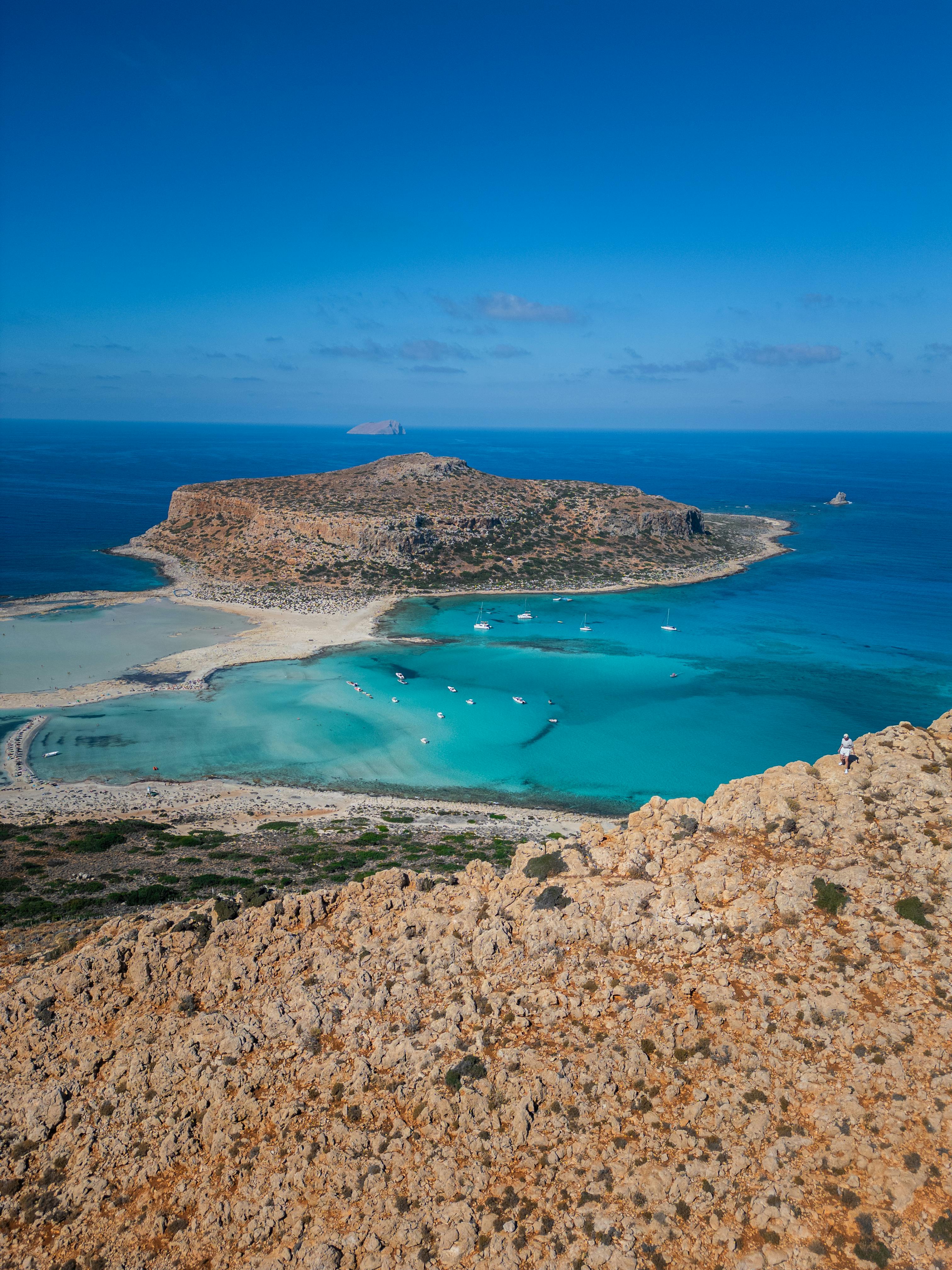 A breathtaking aerial view of the turquoise waters of Balos Lagoon in Crete, Greece.