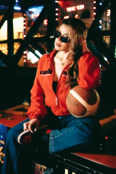 Fashionable woman in a red jacket posing with basketball at an arcade, exuding confidence and style.