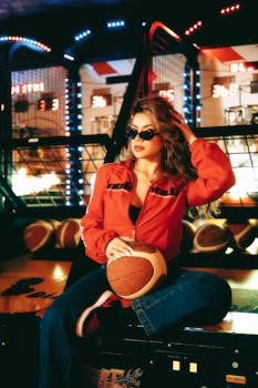 Chic woman in sunglasses posing with basketball at an arcade game.