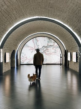 A man and his dog walk in a beautifully lit tunnel in Dinant, Belgium. by Marina Zvada