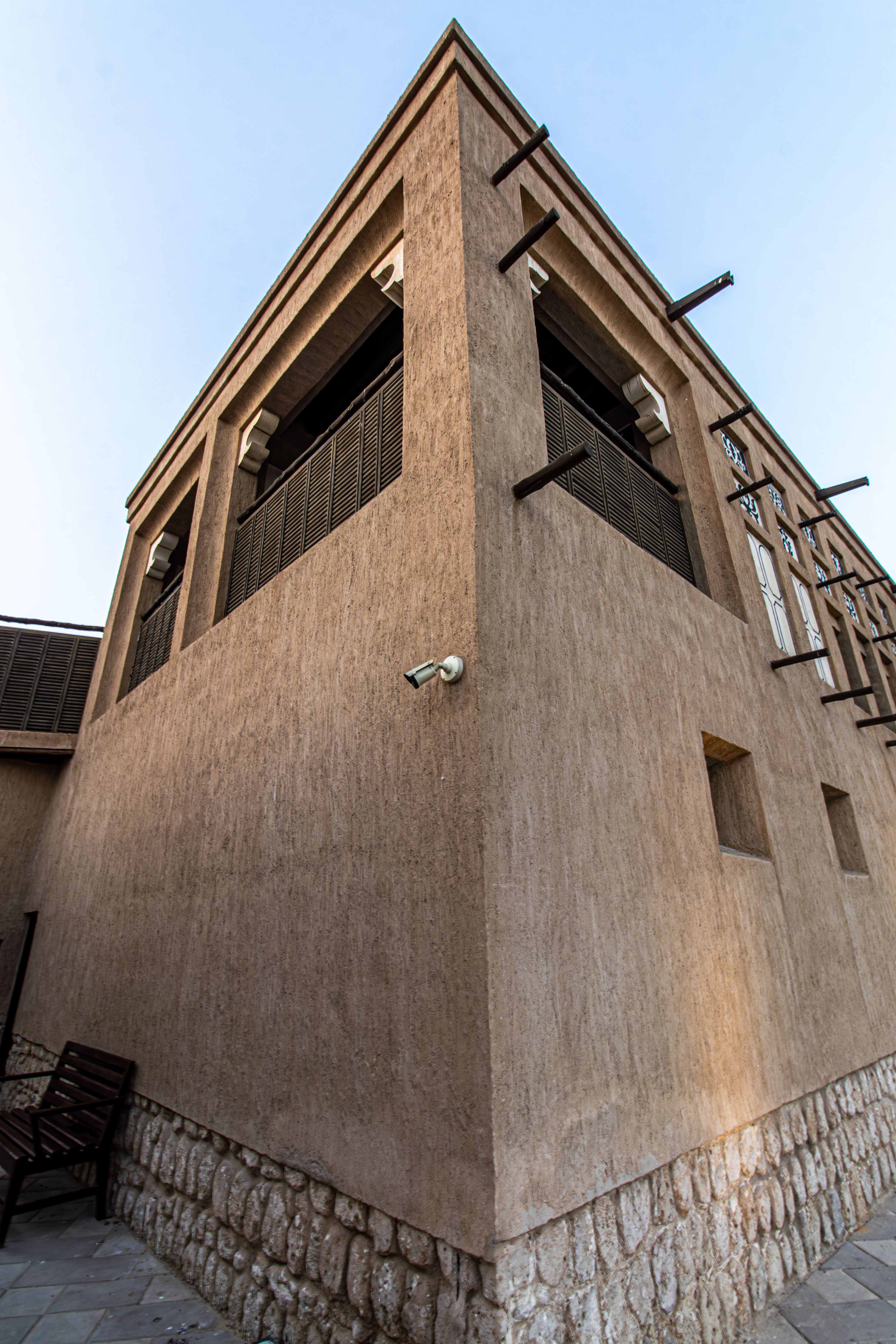 Corner view of a traditional Arabic building in Dubai, UAE.
