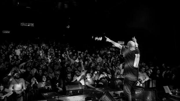 Vibrant concert scene with an engaging performer and a lively crowd.